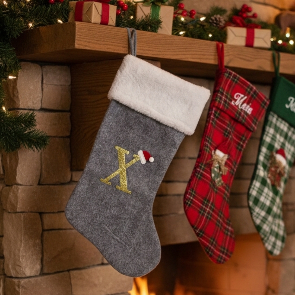 Grey Christmas Stocking Fireplace Hanging Monogrammed Initial X with Santa Hat